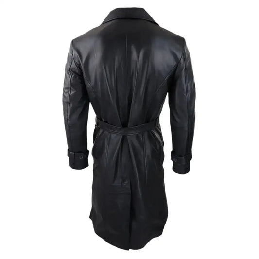 Abrigo punk negro de cuero con cintura de estilo vintage de los años 80 para hombre