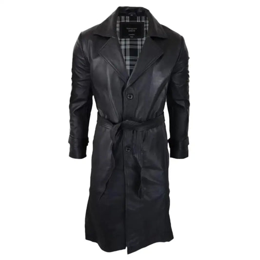 Abrigo punk negro de cuero con cintura de estilo vintage de los años 80 para hombre