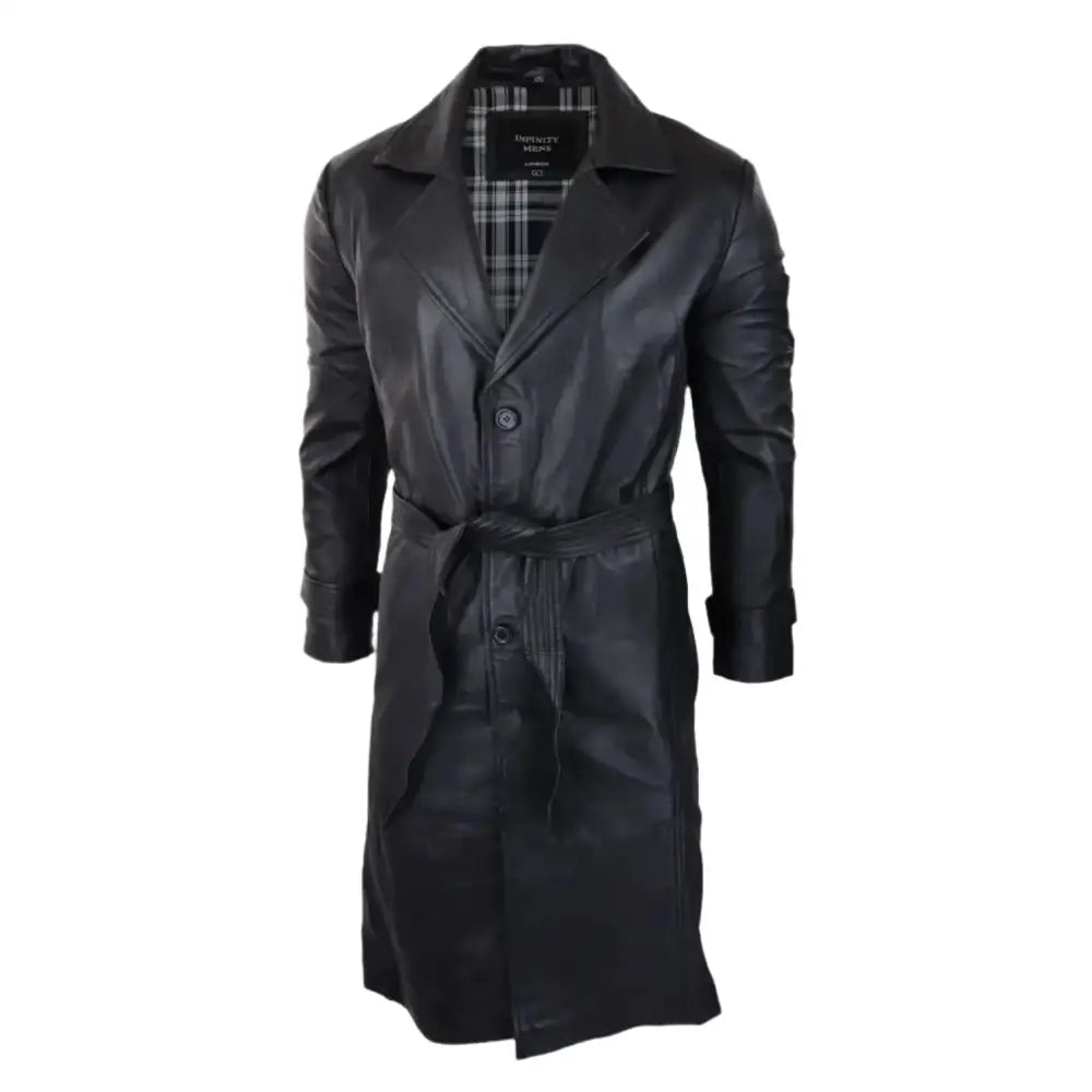 Abrigo punk negro de cuero con cintura de estilo vintage de los años 80 para hombre