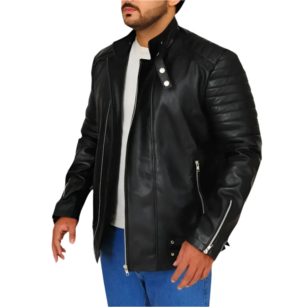 Chaqueta de Cuero Negro Mate con Tapeta a Presión