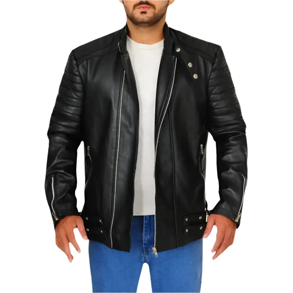Chaqueta de Cuero Negro Mate con Tapeta a Presión
