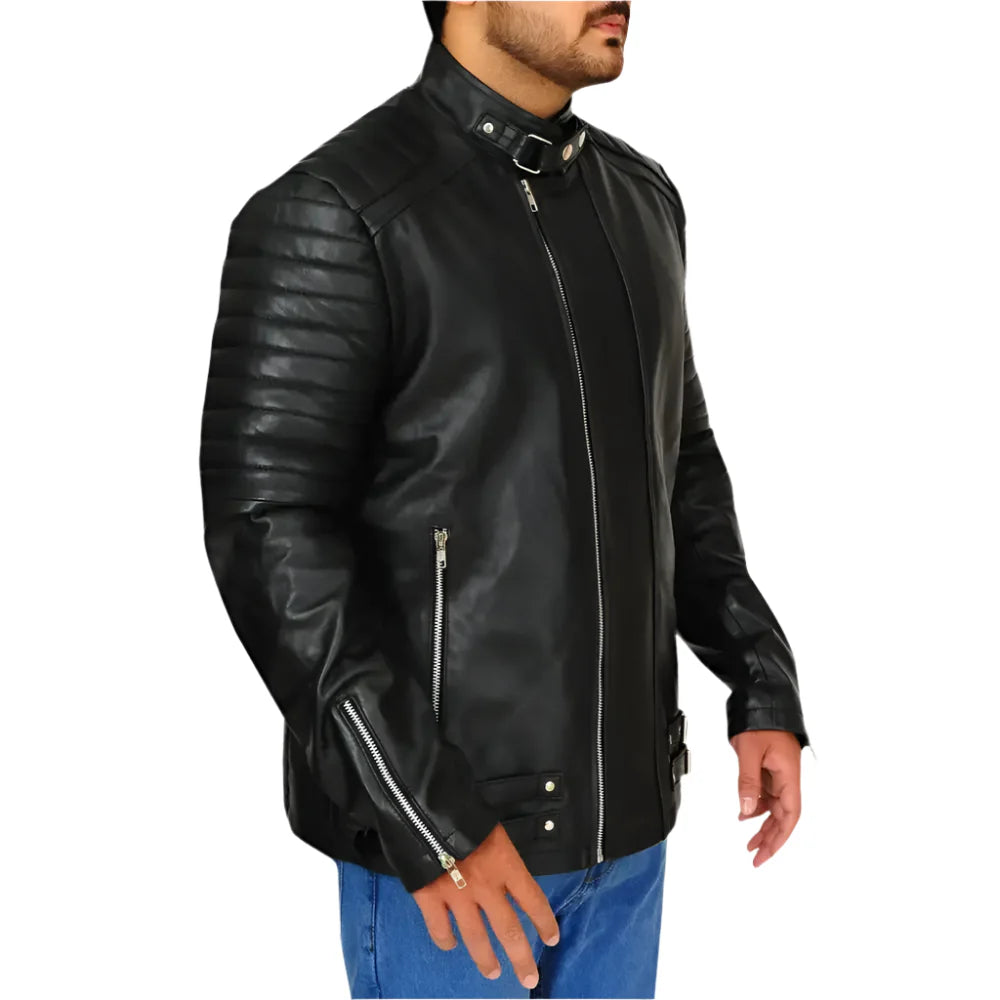 Chaqueta de Cuero Negro Mate con Tapeta a Presión